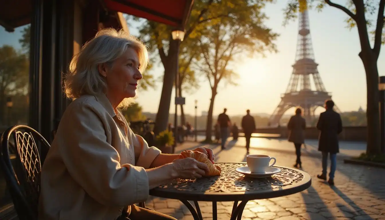 An elderly woman enjoys a croissant at a Parisian café.