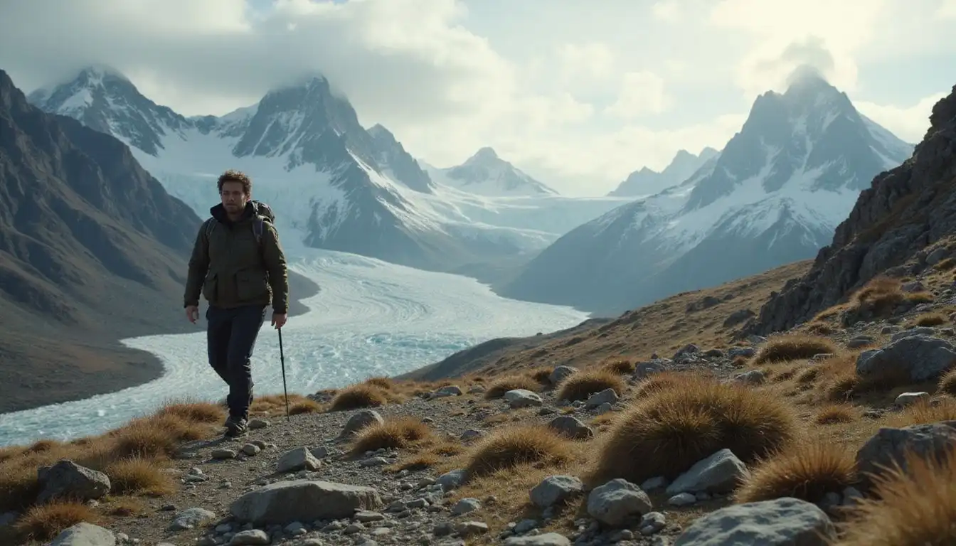 A determined hiker navigates a rugged Patagonian trail amidst majestic peaks. A determined hiker navigates a rugged Patagonian trail amidst majestic peaks.