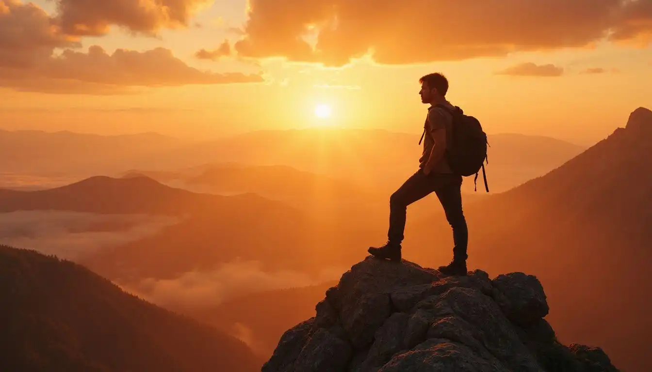 A lone traveler stands triumphantly on a jagged mountain peak. A lone traveler stands triumphantly on a jagged mountain peak.