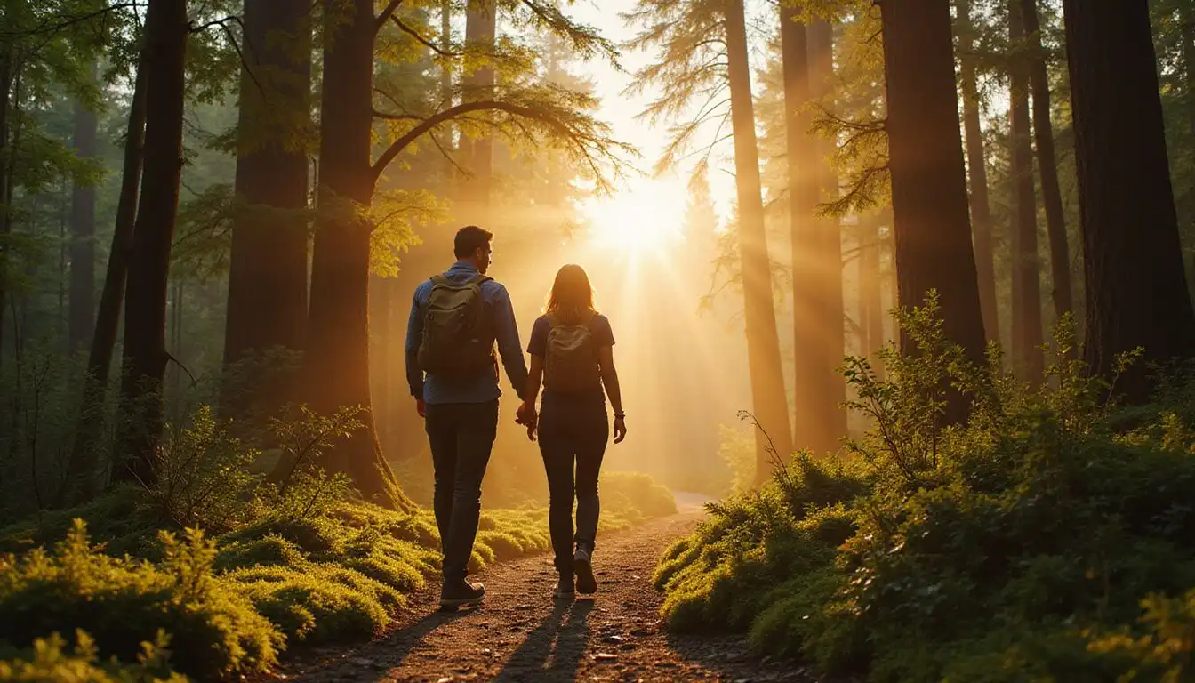 A couple walks thoughtfully along a serene forest trail together. A couple walks thoughtfully along a serene forest trail together.