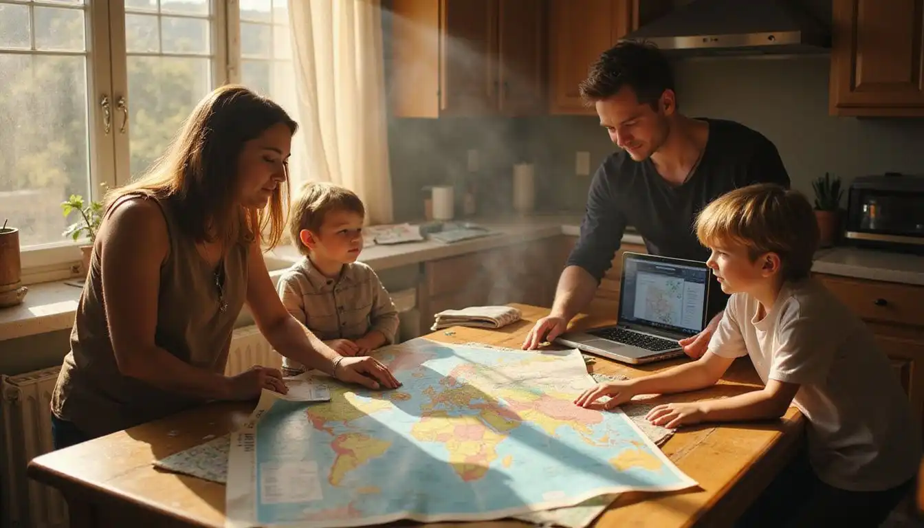 A family excitedly plans their future vacation at a kitchen table. A family excitedly plans their future vacation at a kitchen table.