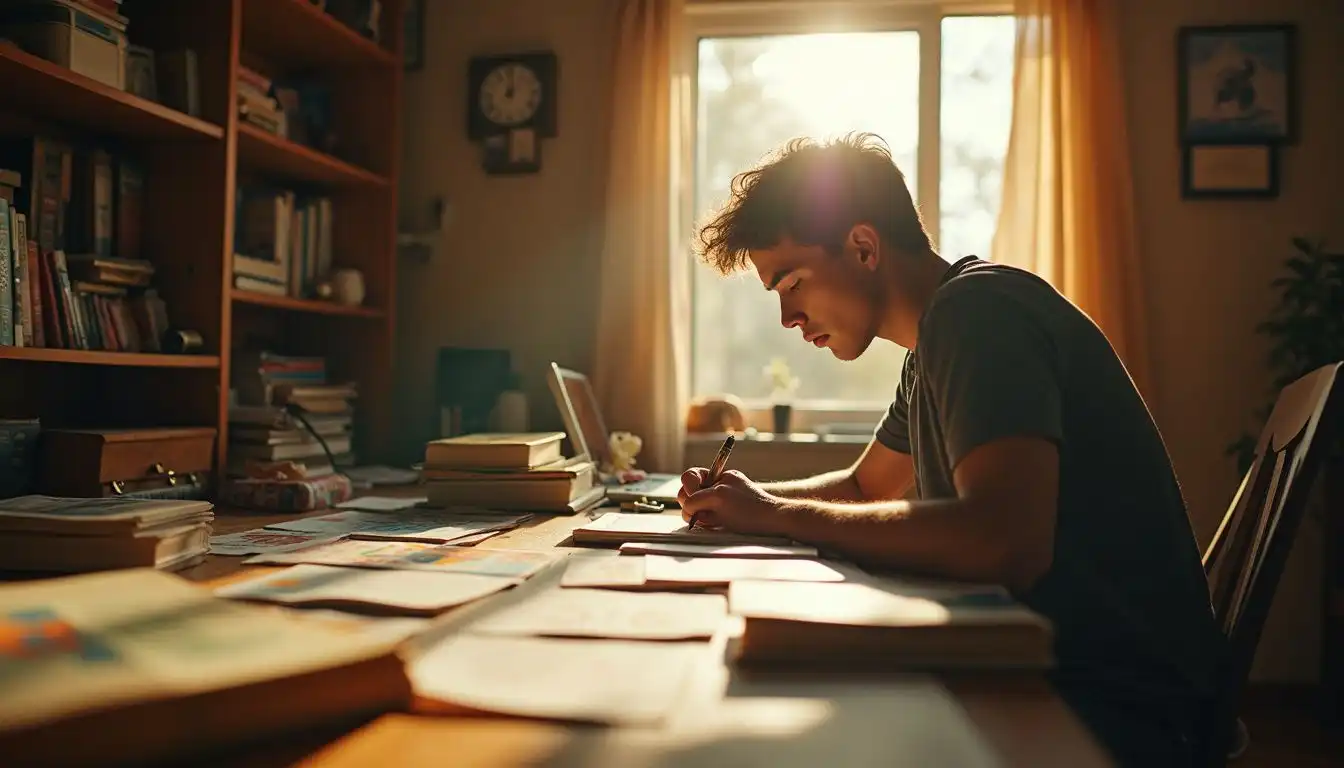 A focused traveler plans adventures at a cluttered desk filled with dreams. A focused traveler plans adventures at a cluttered desk filled with dreams.