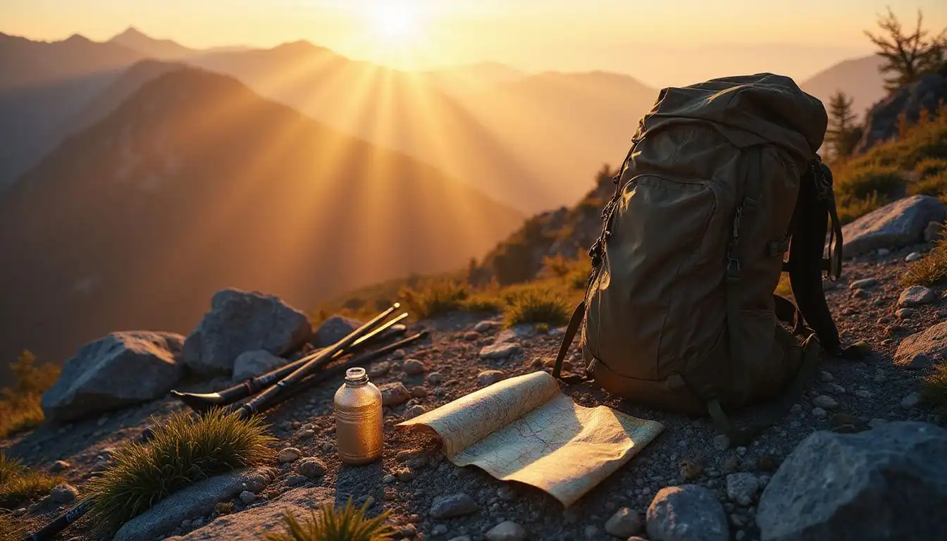 An abandoned hiking backpack and gear evoke solitude on a mountain trail. An abandoned hiking backpack and gear evoke solitude on a mountain trail.
