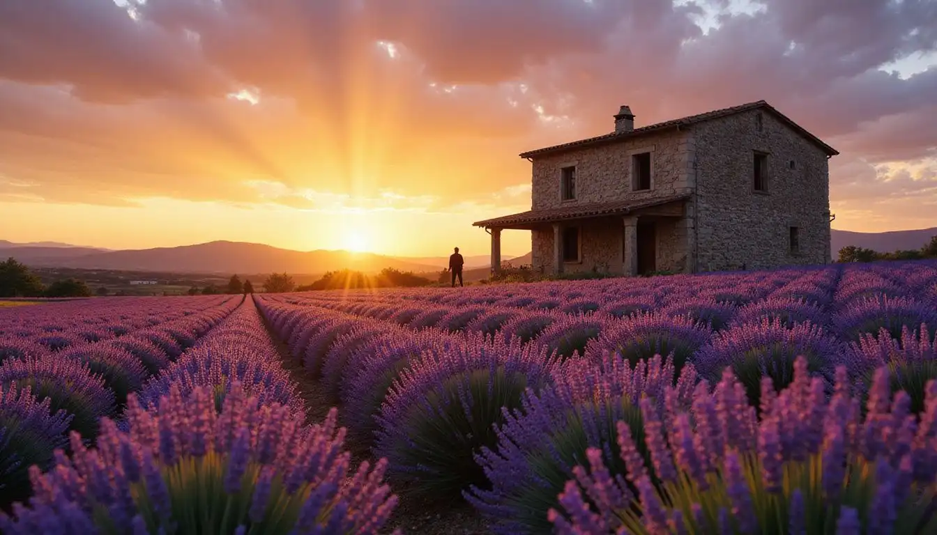 A rustic farmhouse stands amidst vibrant lavender fields at sunset. A rustic farmhouse stands amidst vibrant lavender fields at sunset.