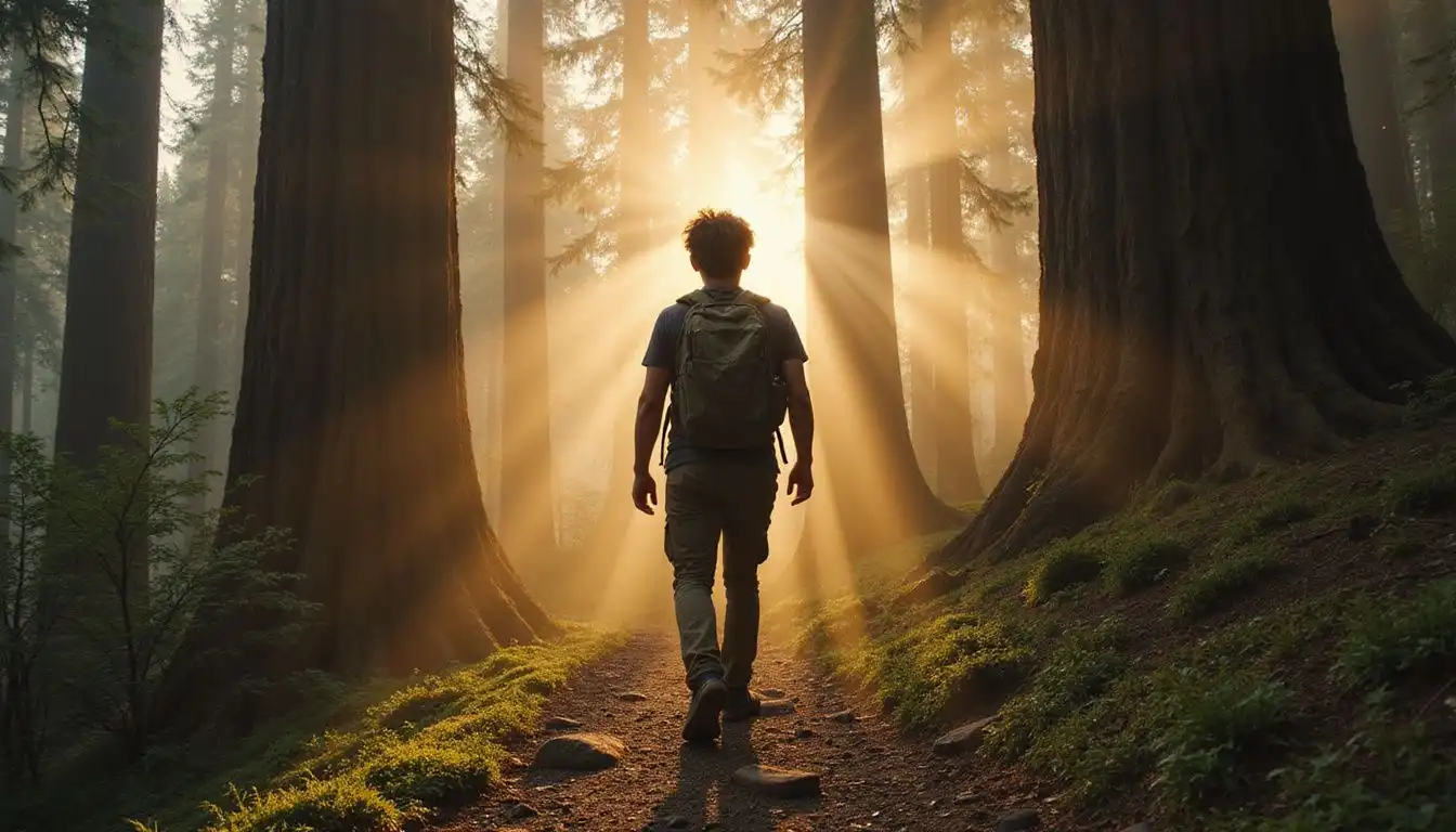 A hiker explores the misty beauty of Redwood National Park. A hiker explores the misty beauty of Redwood National Park.