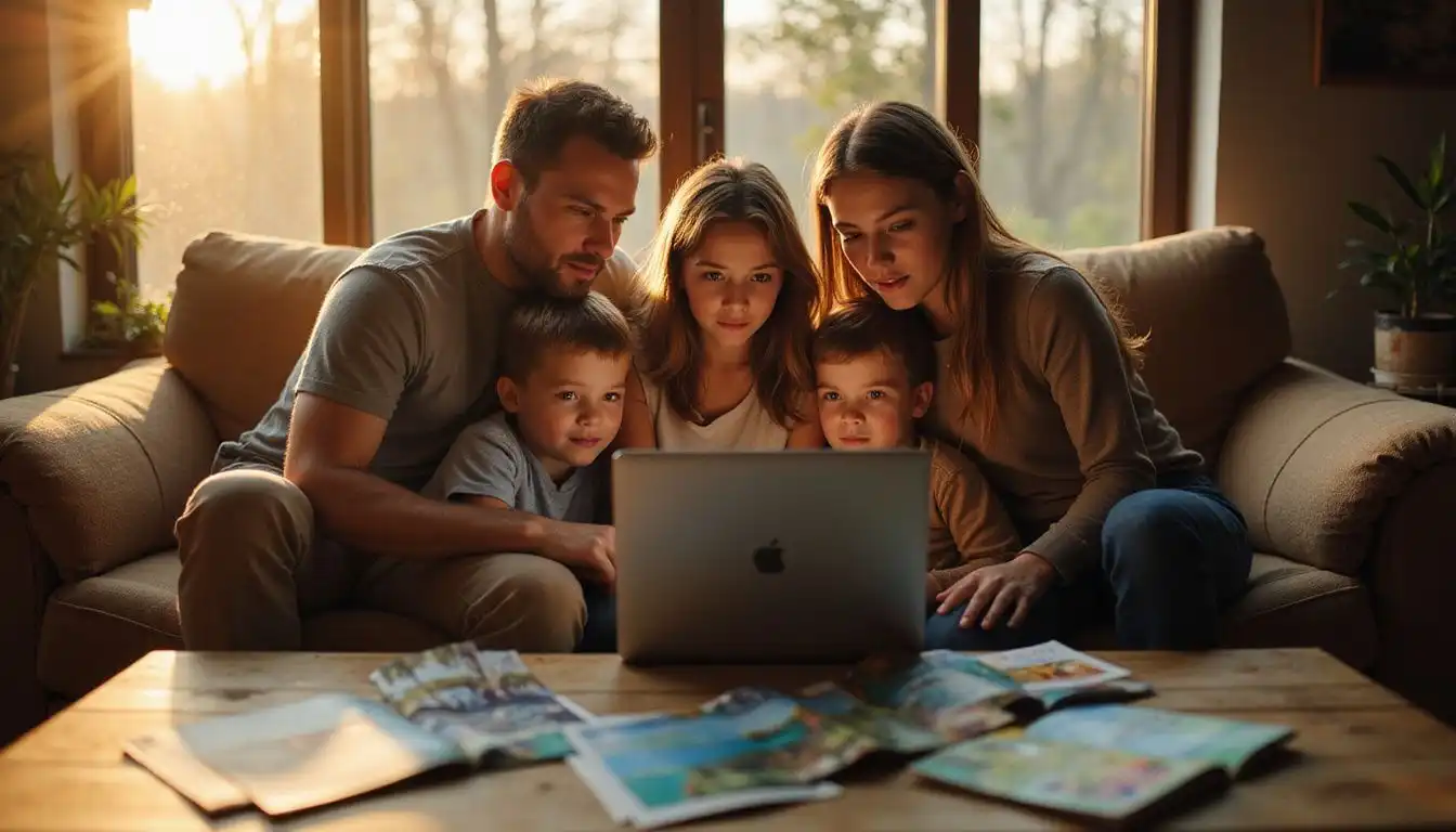 A family eagerly discusses travel plans together on a cozy sofa. A family eagerly discusses travel plans together on a cozy sofa.