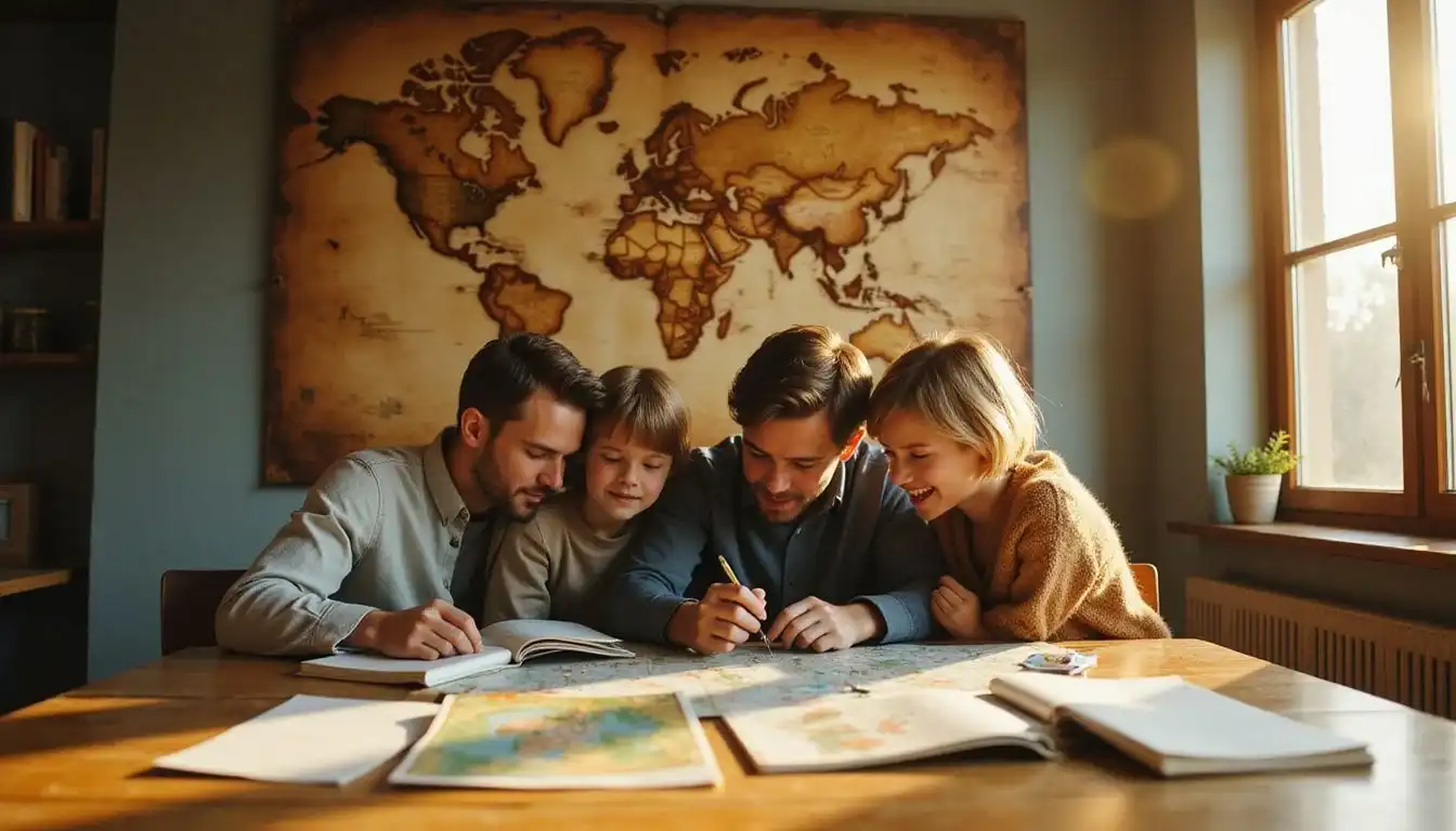 A family eagerly plans their next adventure around a vintage map.