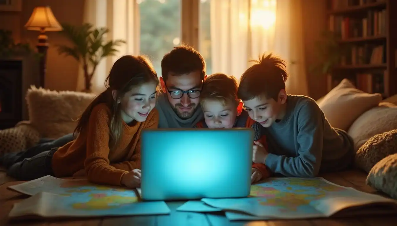 A family explores travel options together, sharing excitement and connection.