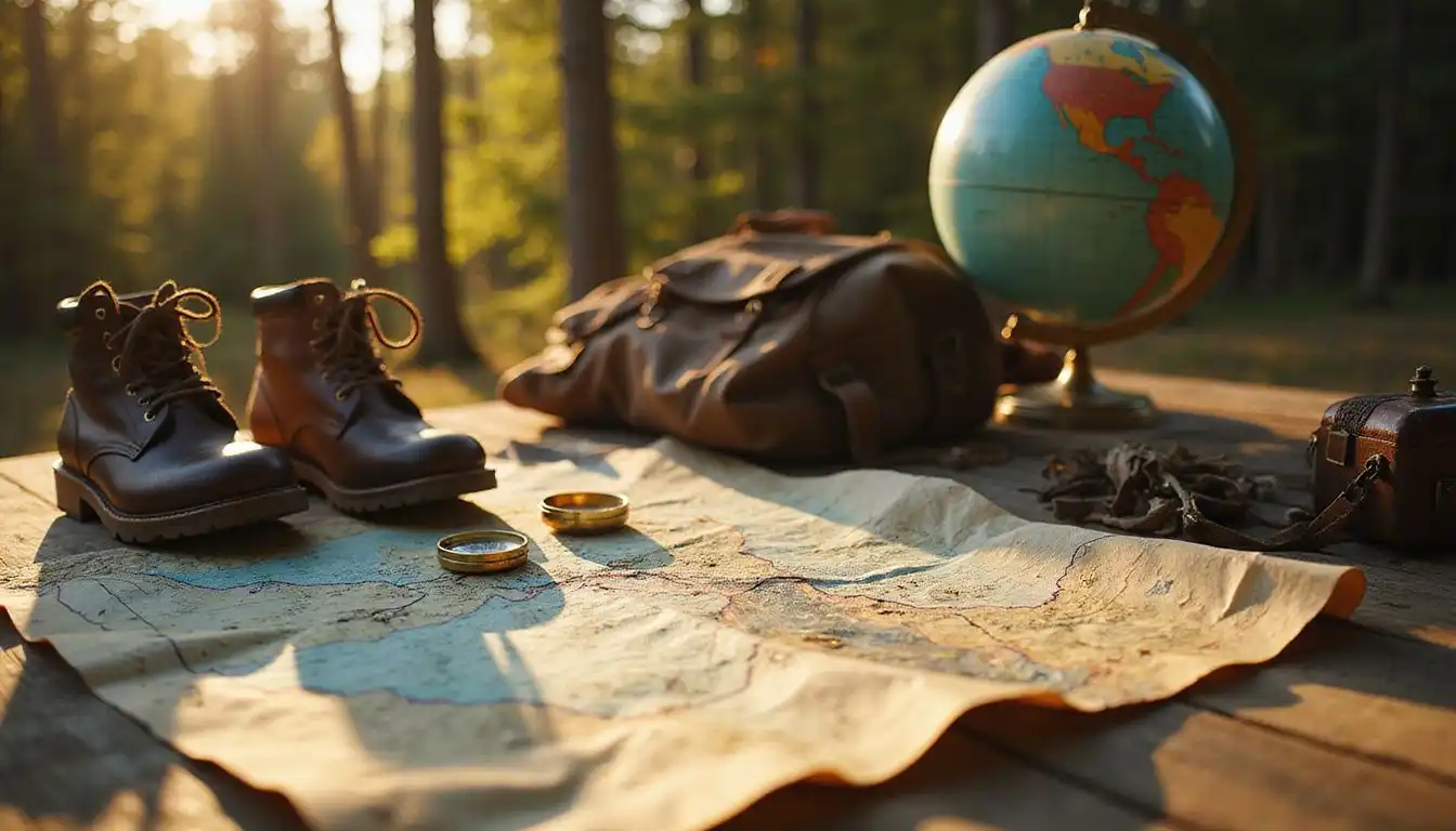 A hiking map, compass, and gear suggest an upcoming adventure. A hiking map, compass, and gear suggest an upcoming adventure.