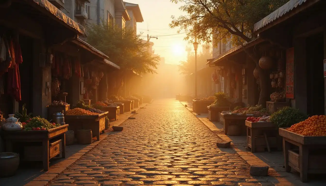 A tranquil dawn scene on an empty cobblestone street with market stalls. A tranquil dawn scene on an empty cobblestone street with market stalls.