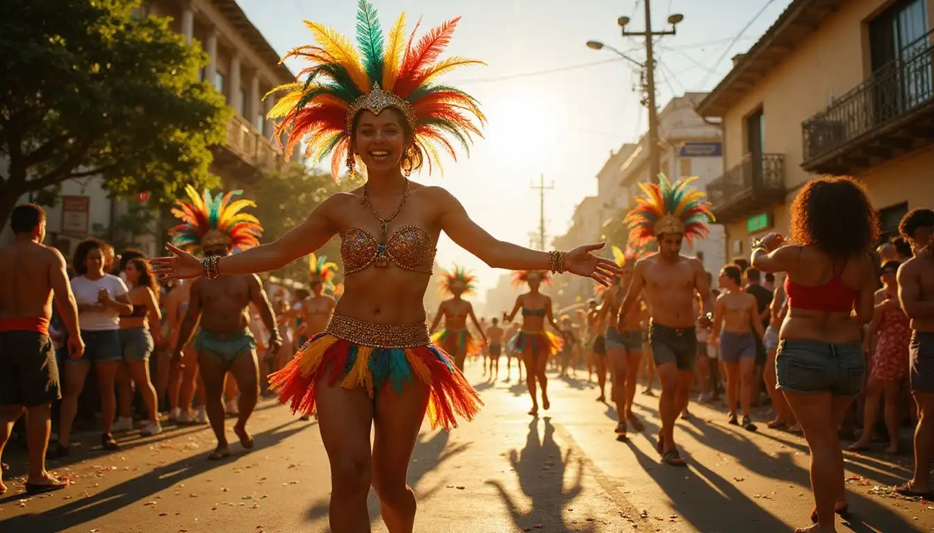 Vibrant Rio Carnival bursts with energy, costumes, and joyous celebration.