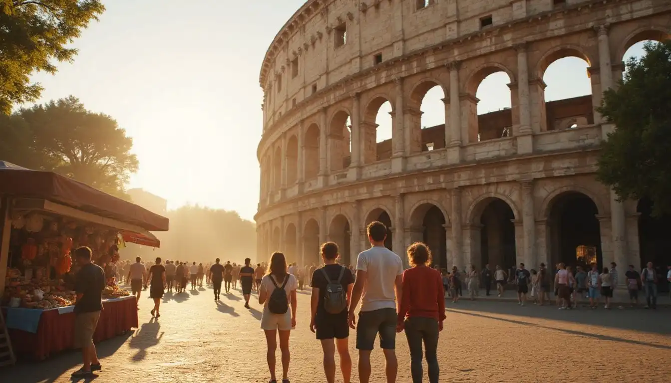 A family marvels at the majestic Colosseum amidst lively crowds. A family marvels at the majestic Colosseum amidst lively crowds.