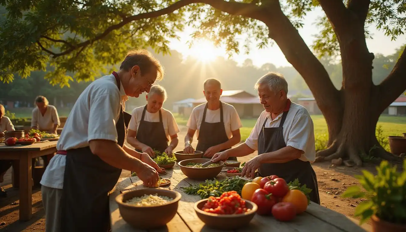 Older adults enjoy a vibrant outdoor cooking class together. Older adults enjoy a vibrant outdoor cooking class together.