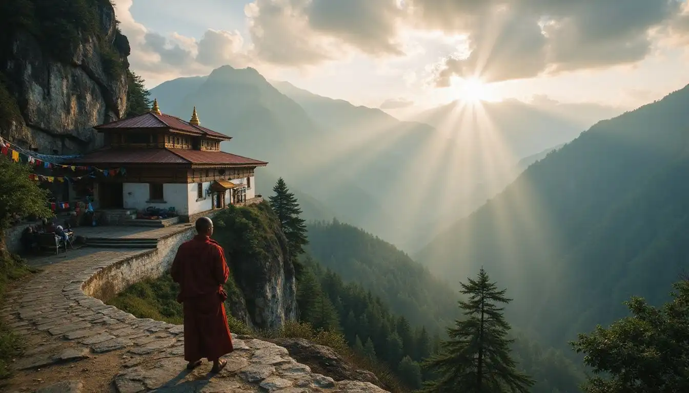 A majestic monastery atop misty mountains, exuding tranquility and devotion. A majestic monastery atop misty mountains, exuding tranquility and devotion.