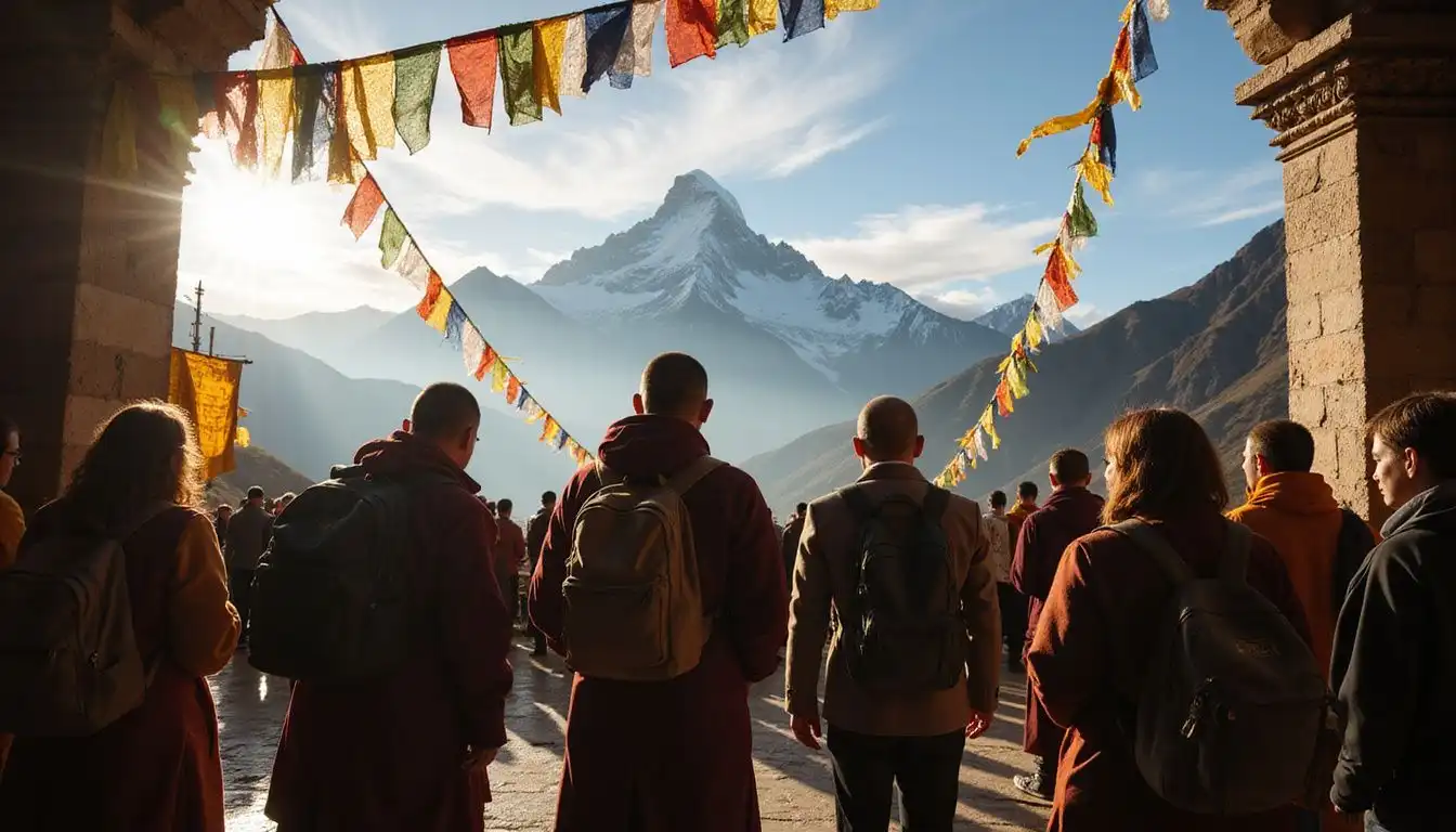 Travelers gather in reverence at Rumtek Monastery, embracing nature's grandeur. Travelers gather in reverence at Rumtek Monastery, embracing nature's grandeur.