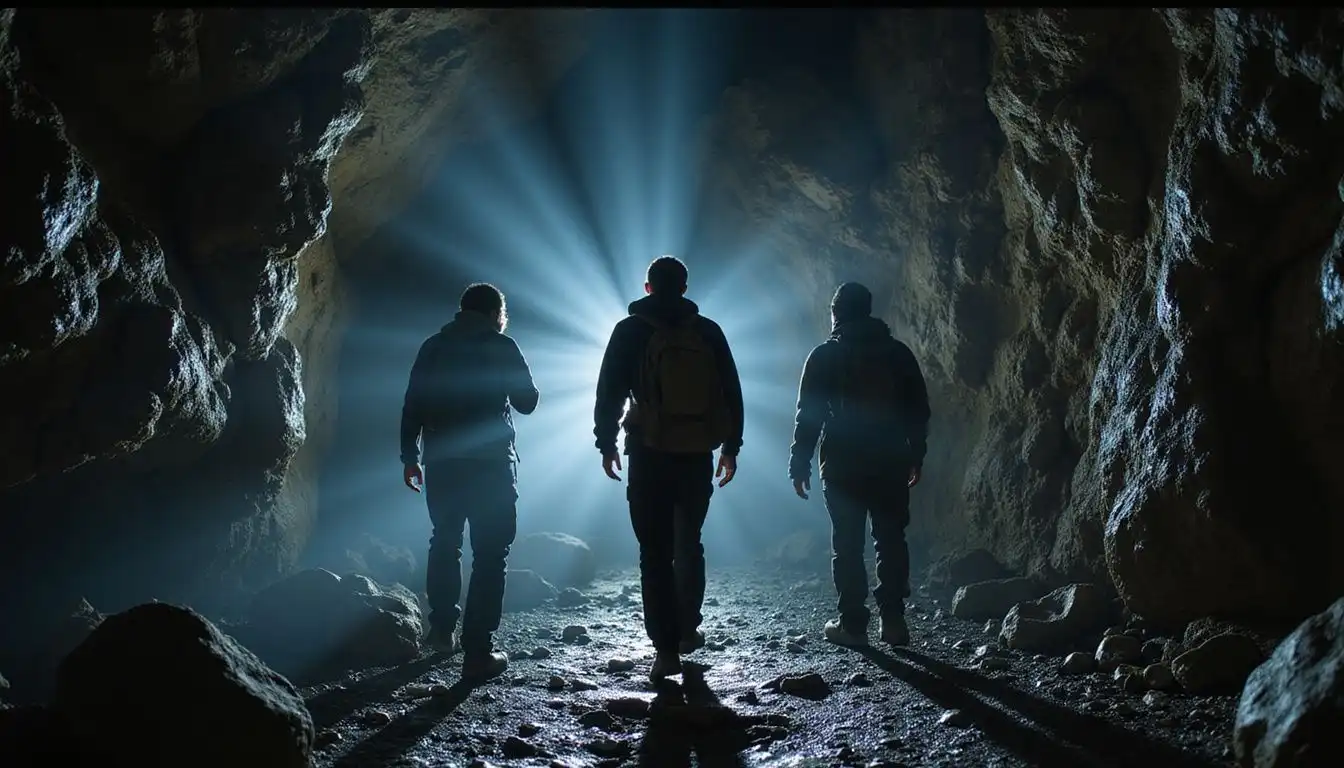 Hikers explore the mysterious depths of Subway Cave, filled with awe. Hikers explore the mysterious depths of Subway Cave, filled with awe.