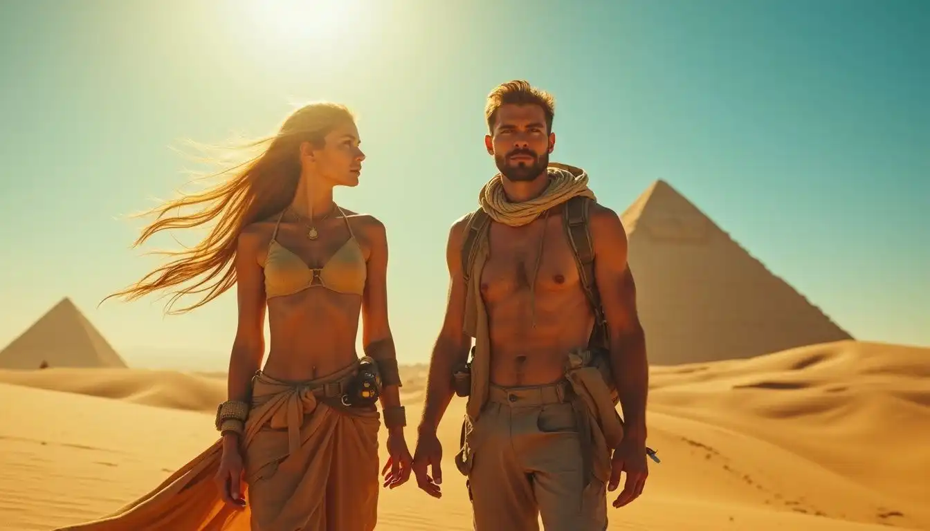 A couple stands near the ancient pyramids of Meroรซ, embodying adventure. A couple stands near the ancient pyramids of Meroรซ, embodying adventure.