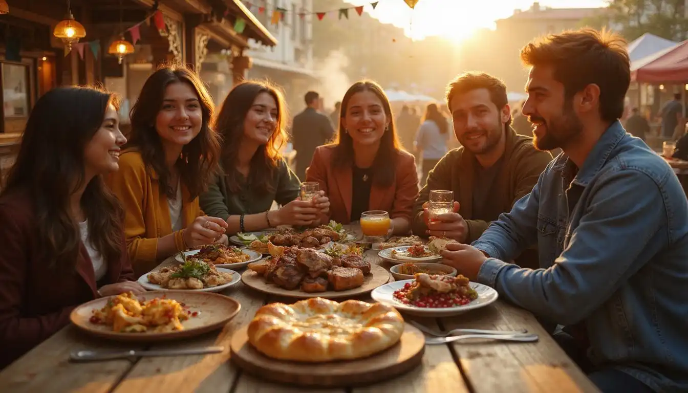 A group of friends joyfully enjoying traditional dishes at a festival.