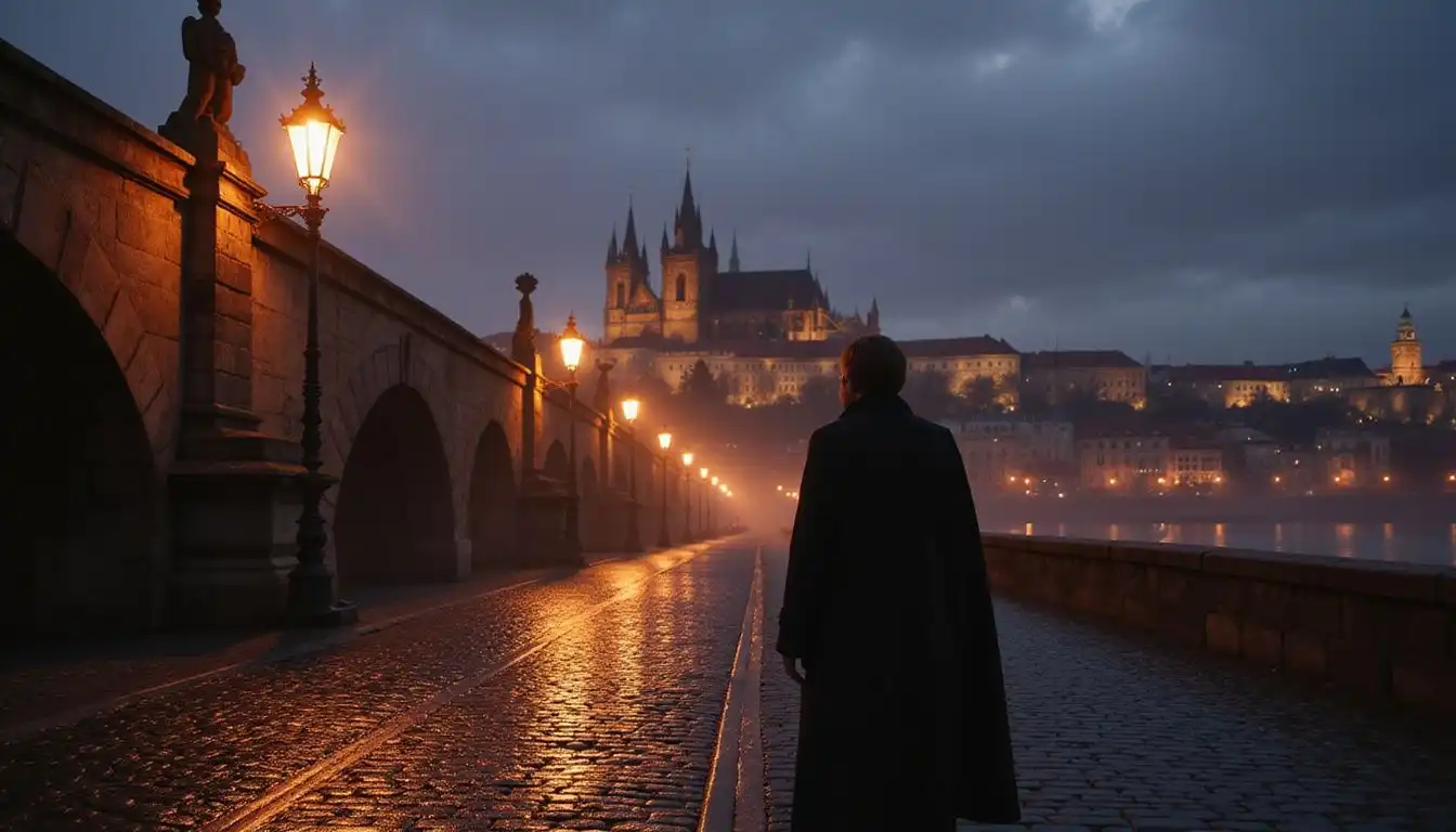 A solitary figure stands on Pragueโs Charles Bridge at twilight. A solitary figure stands on Pragueโs Charles Bridge at twilight.