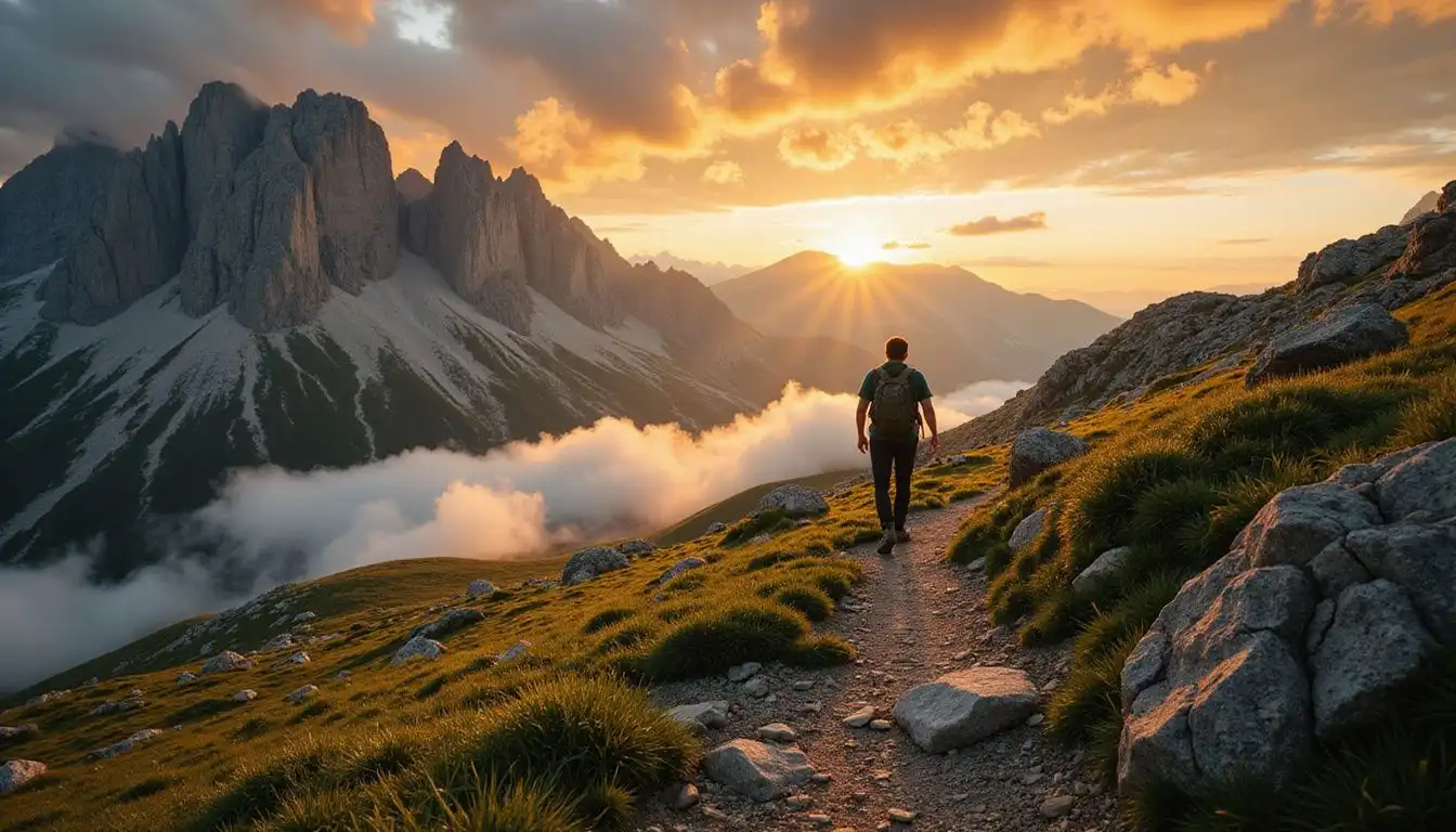 A lone hiker traverses a rugged trail in the Dolomites. A lone hiker traverses a rugged trail in the Dolomites.