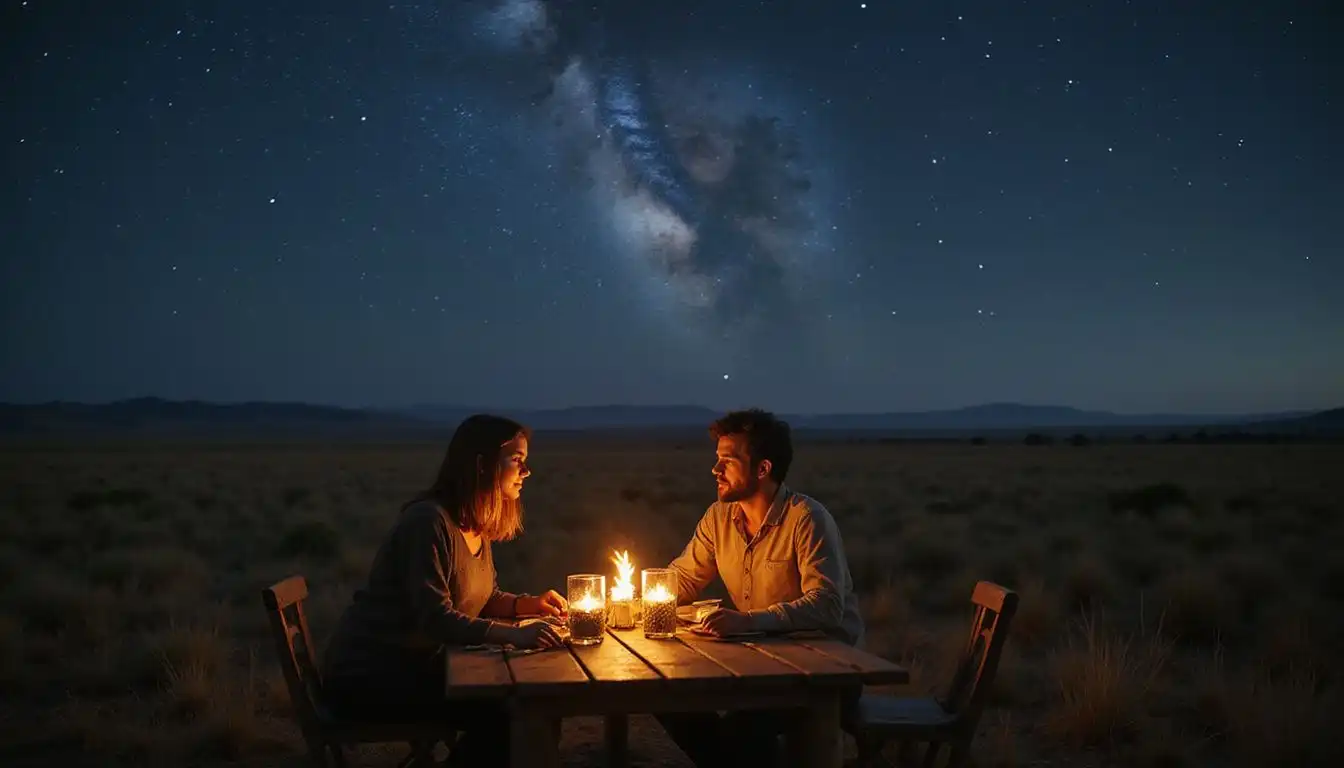 A couple shares a tender moment at a rustic dinner in nature. A couple shares a tender moment at a rustic dinner in nature.