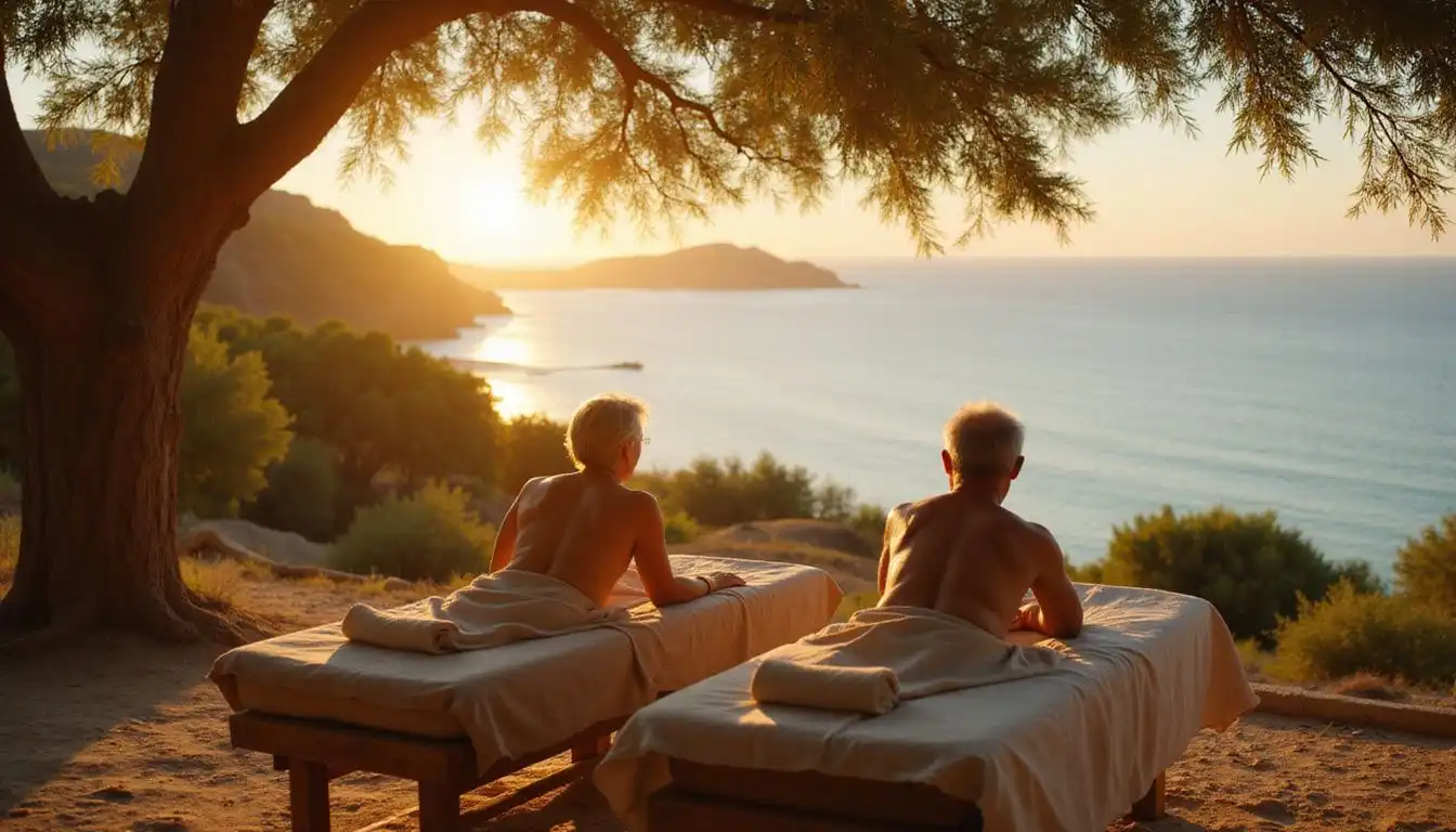 An older couple relaxes side by side on massage tables by the sea. An older couple relaxes side by side on massage tables by the sea.
