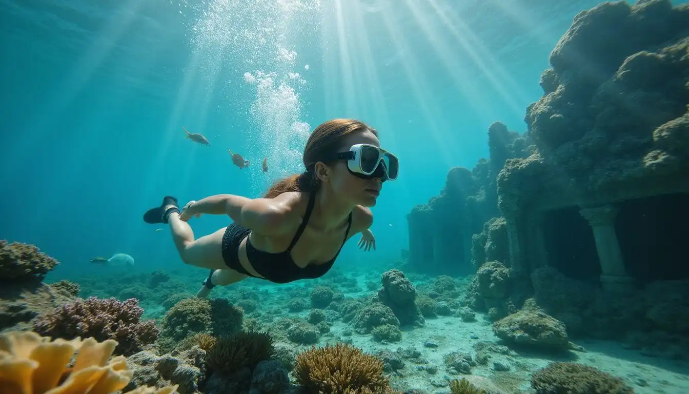 A woman explores submerged ruins while snorkeling among vibrant coral reefs. A woman explores submerged ruins while snorkeling among vibrant coral reefs.