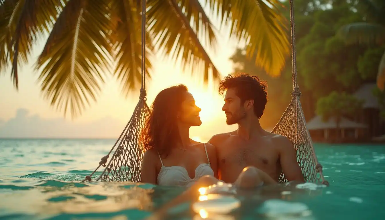 A couple relaxes in a hammock over tranquil turquoise waters. A couple relaxes in a hammock over tranquil turquoise waters.