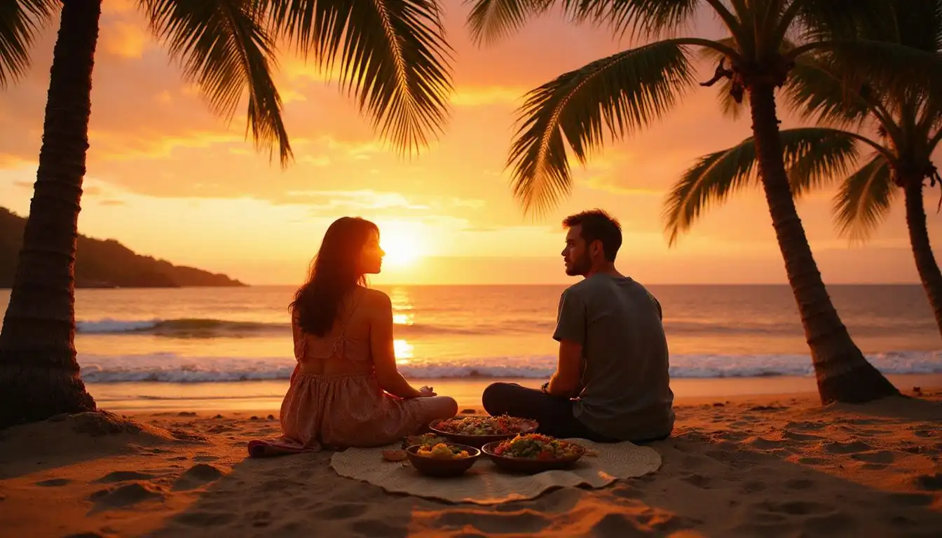 A couple enjoys a romantic beachside dinner in Bali. A couple enjoys a romantic beachside dinner in Bali.