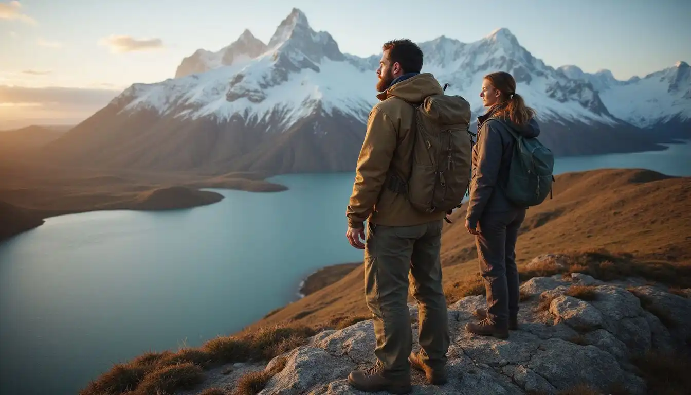 A couple stands determined on a cliff, overlooking Patagonia's wilderness.