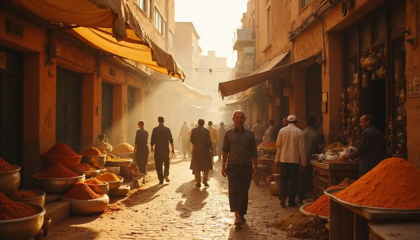 A vibrant Marrakech alley bustling with spices and handcrafted wares. A vibrant Marrakech alley bustling with spices and handcrafted wares.