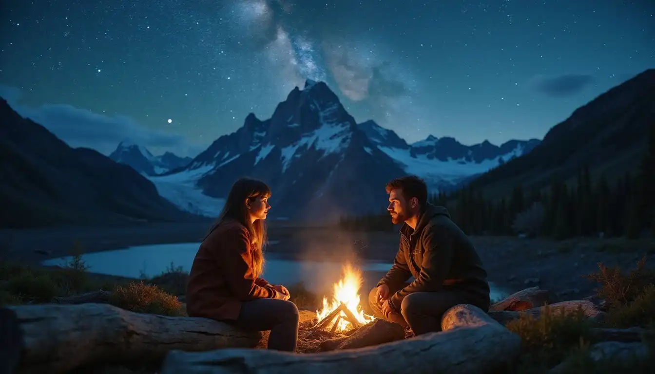 A couple shares a serene moment by a campfire in Alaska. A couple shares a serene moment by a campfire in Alaska.