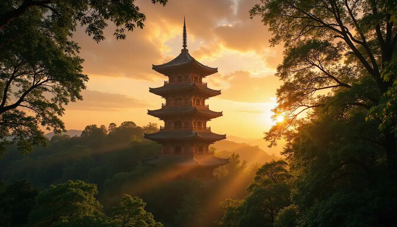 A majestic pagoda rises among dense, misty trees at sunset. A majestic pagoda rises among dense, misty trees at sunset.