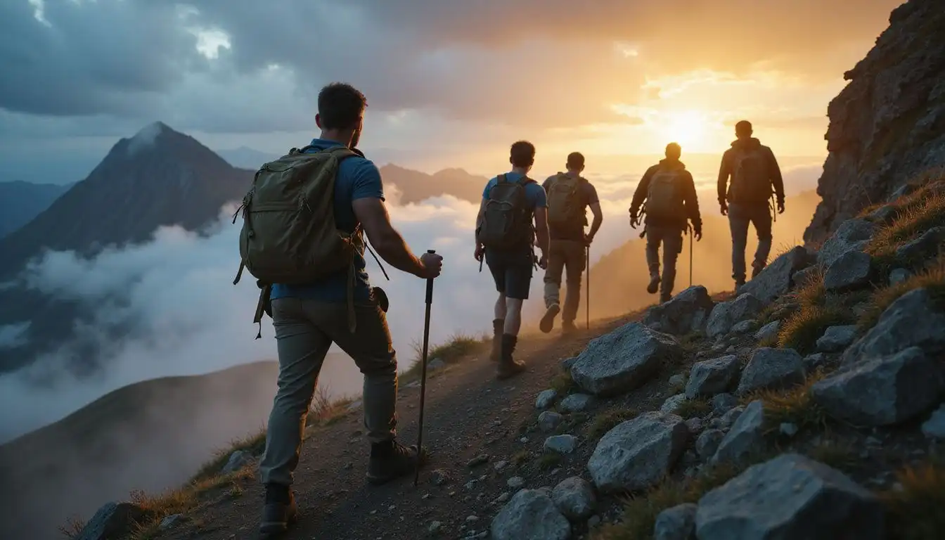 Young adults fiercely climb a rugged mountain trail amid swirling fog.