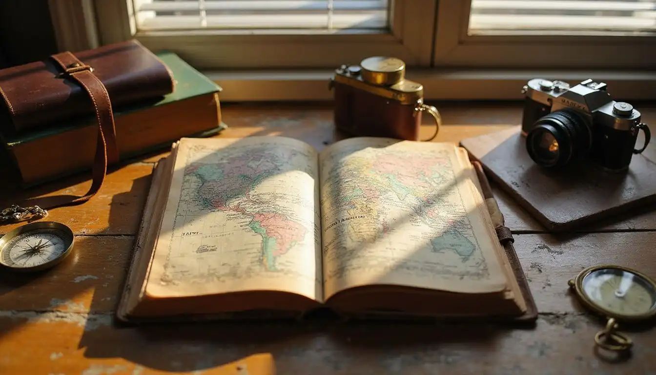 An open travel journal surrounded by adventure-themed memorabilia on a table. An open travel journal surrounded by adventure-themed memorabilia on a table.