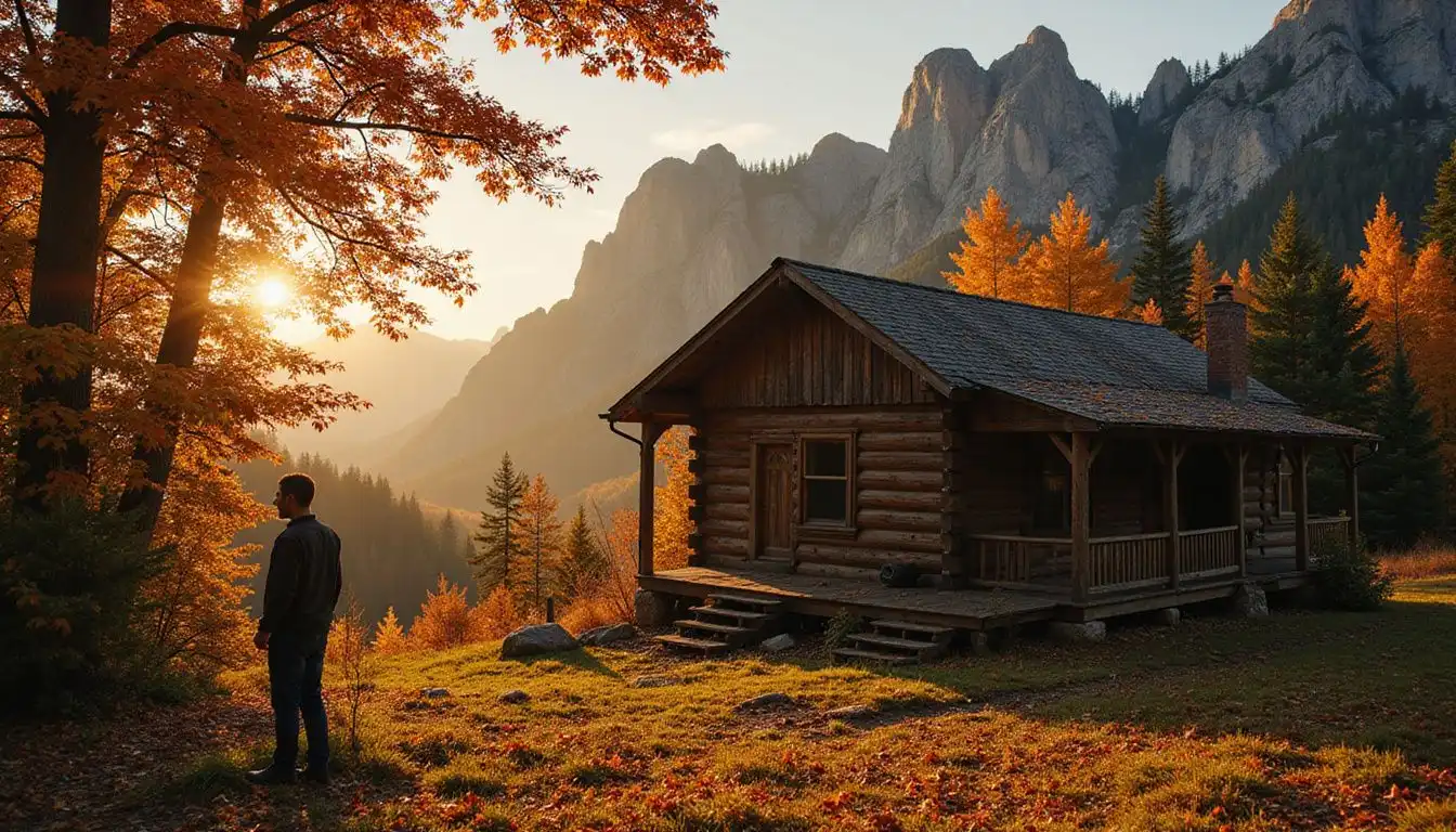 A rustic cabin surrounded by vibrant autumn foliage evokes serene tranquility. A rustic cabin surrounded by vibrant autumn foliage evokes serene tranquility.