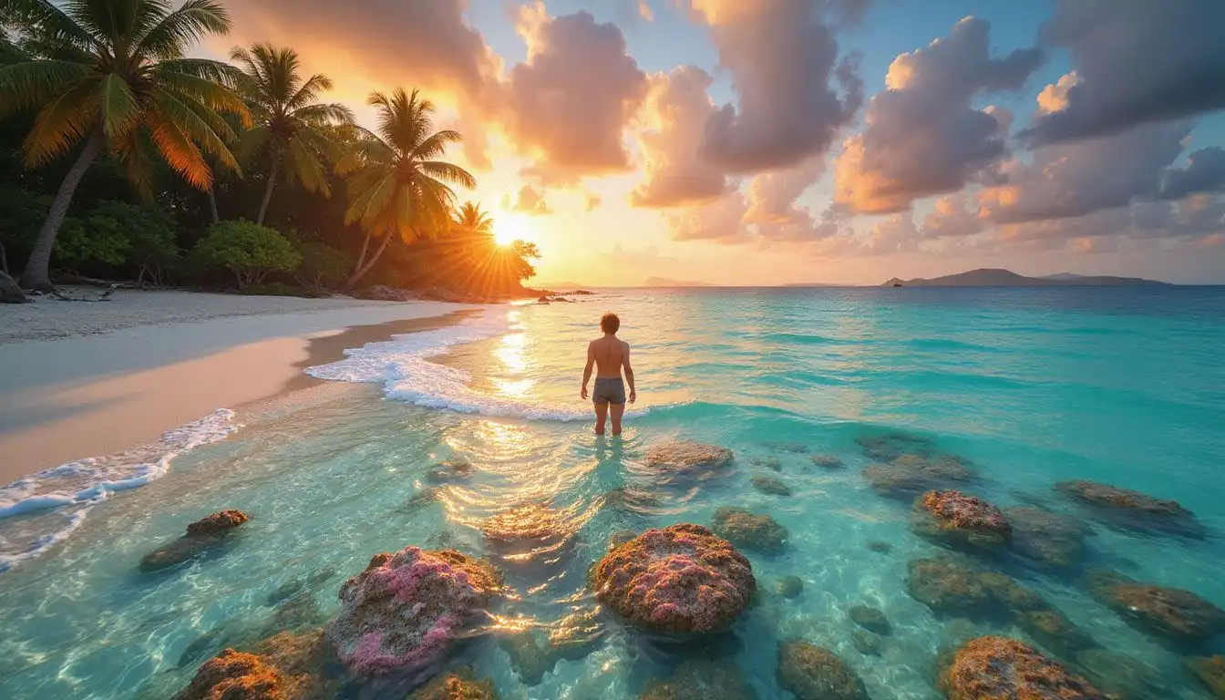 A serene beach scene with vibrant coral reefs and a curious figure.