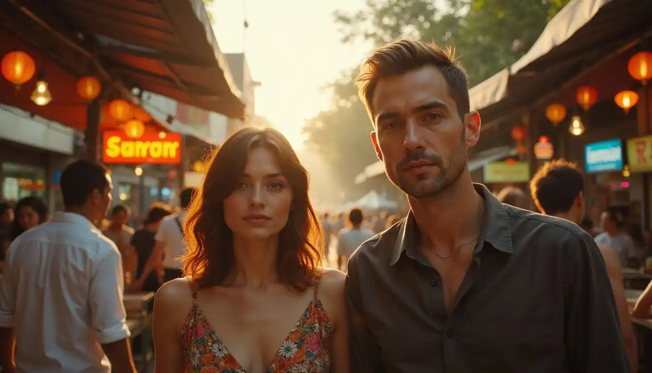 A couple explores a lively Bangkok street food market.
