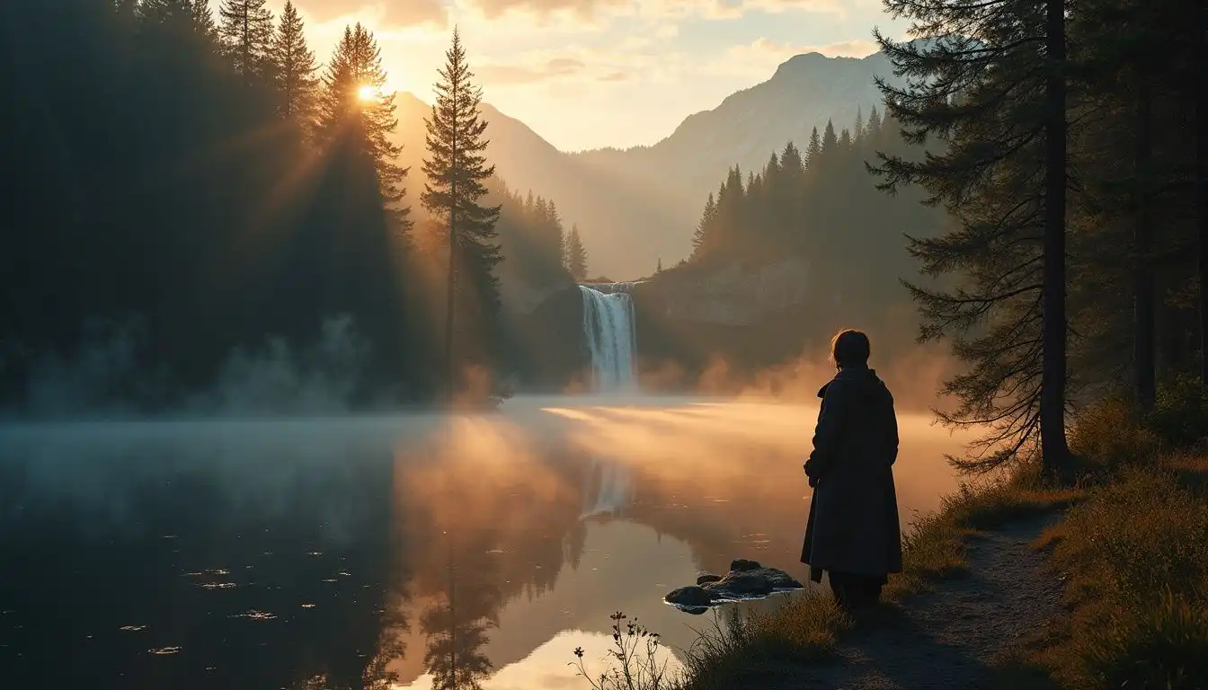 A solitary figure gazes at a serene mountain lake surrounded by nature. A solitary figure gazes at a serene mountain lake surrounded by nature.