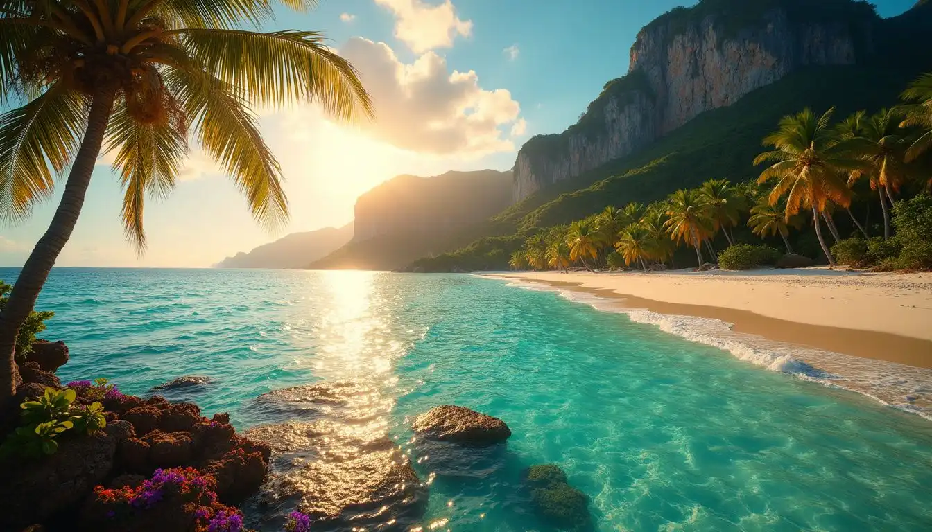 A stunning tropical beach with vibrant coral reefs and lush palm trees. A stunning tropical beach with vibrant coral reefs and lush palm trees.