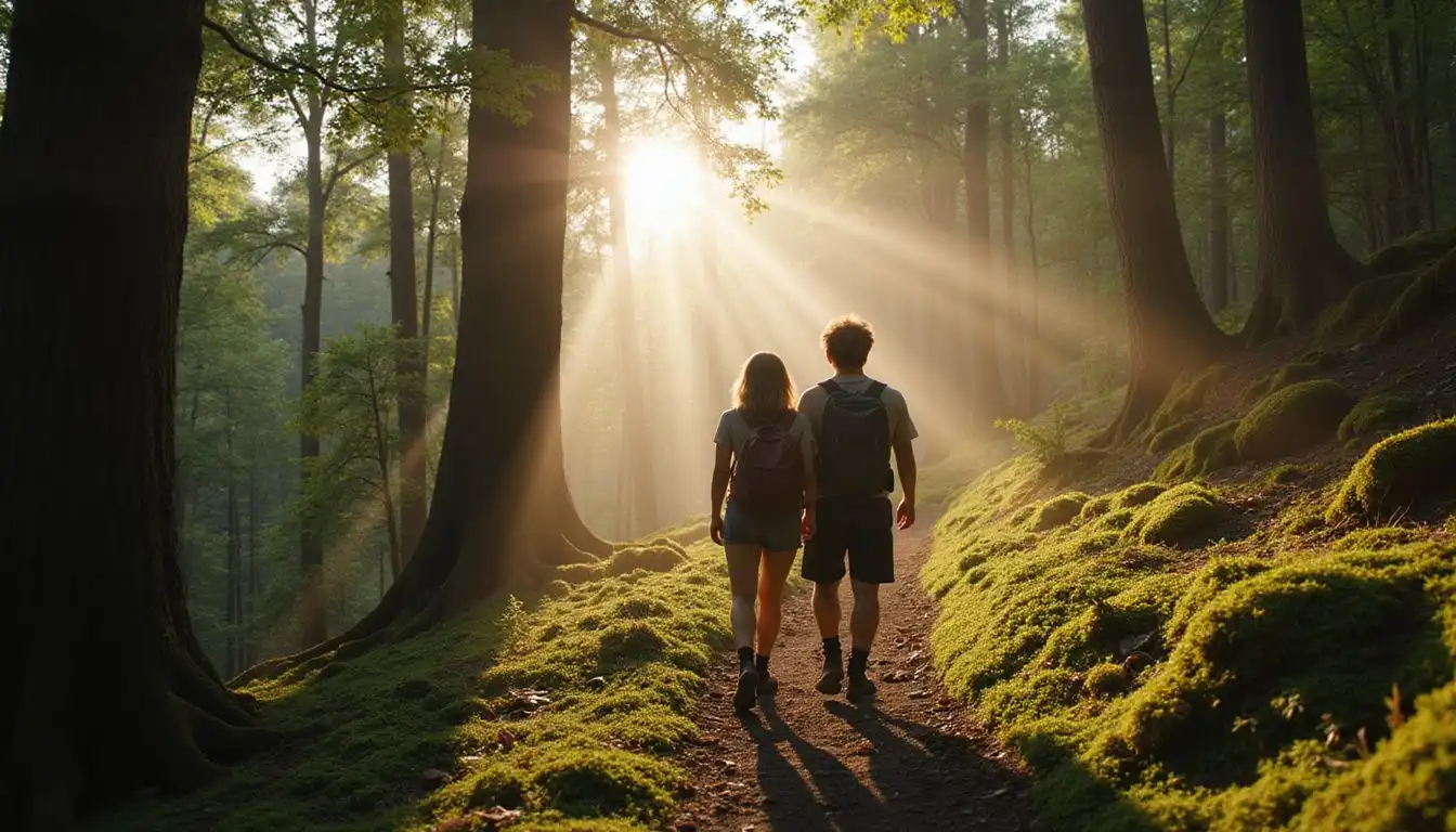 A man and woman trek a misty forest trail in the mountains.