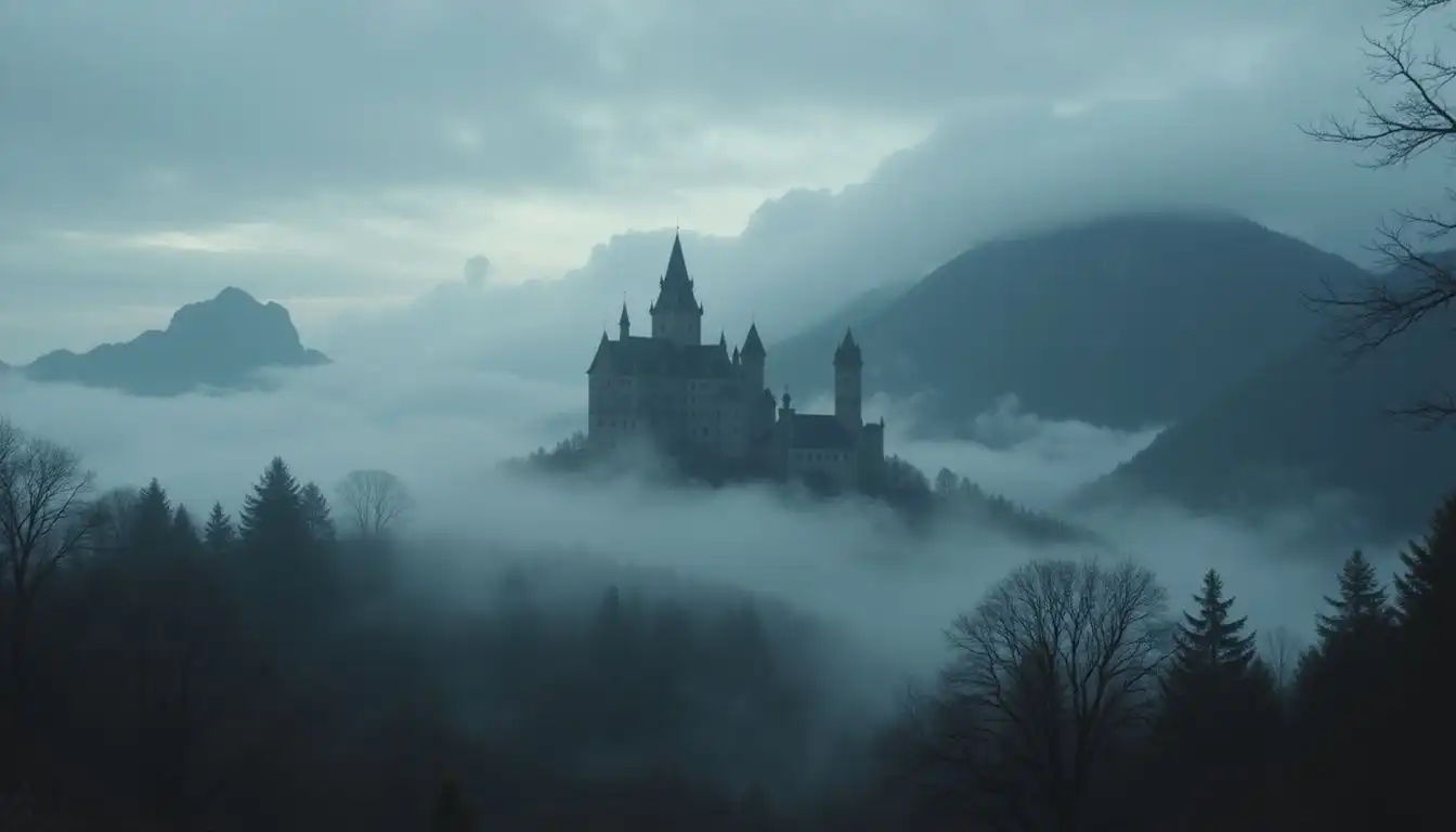 A misty dawn reveals Bran Castle looming ominously amid ancient forests. A misty dawn reveals Bran Castle looming ominously amid ancient forests.