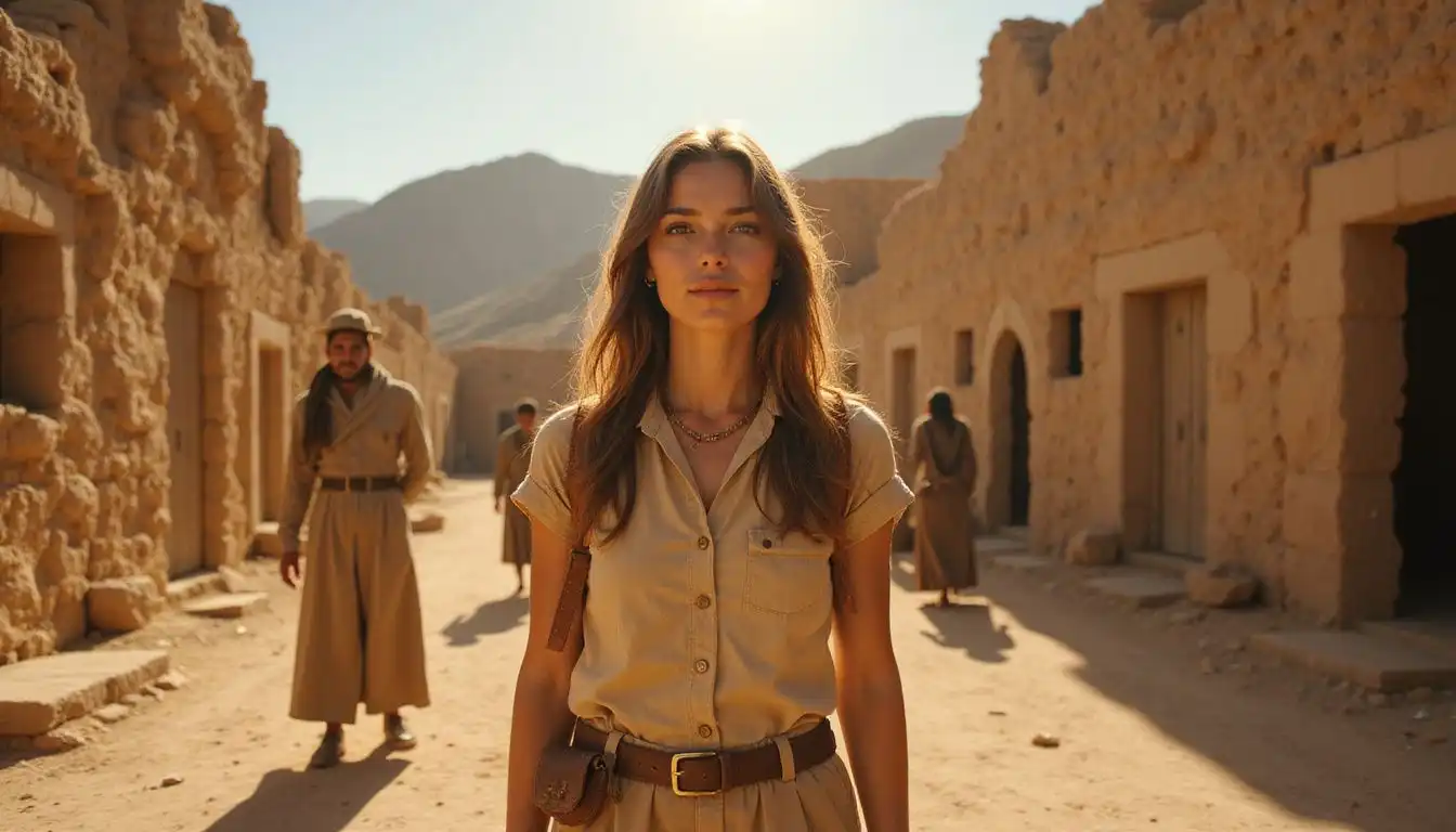 A young woman explores a remote desert village, engaging with locals. A young woman explores a remote desert village, engaging with locals.