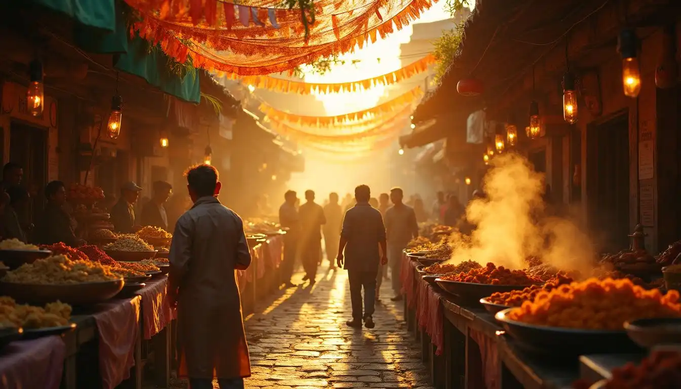 A lively outdoor food market bustling with vibrant dishes and joyful people. A lively outdoor food market bustling with vibrant dishes and joyful people.