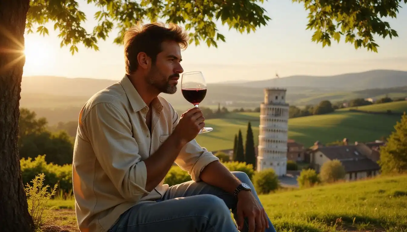 A man enjoys Chianti in a picturesque Tuscan vineyard. A man enjoys Chianti in a picturesque Tuscan vineyard.