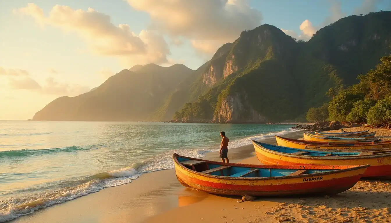 Tranquil Ubatuba beach scene with vibrant boats and majestic mountains. Tranquil Ubatuba beach scene with vibrant boats and majestic mountains.