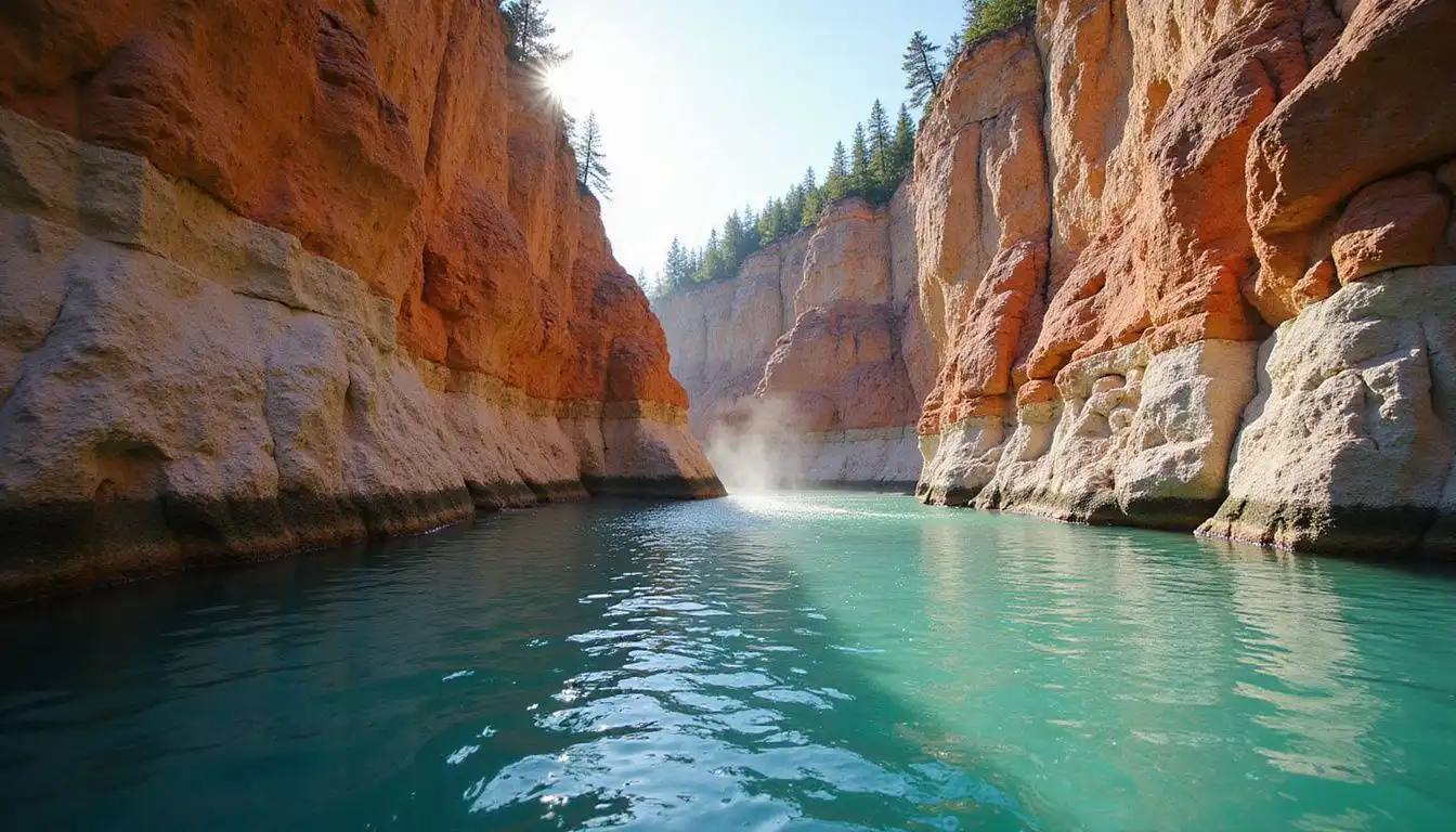 Vibrant cliffs of Pictured Rocks reflect in tranquil turquoise waters. Vibrant cliffs of Pictured Rocks reflect in tranquil turquoise waters.