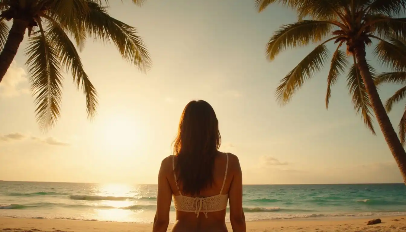 A woman stands alone on a tranquil beach, reflecting deeply.