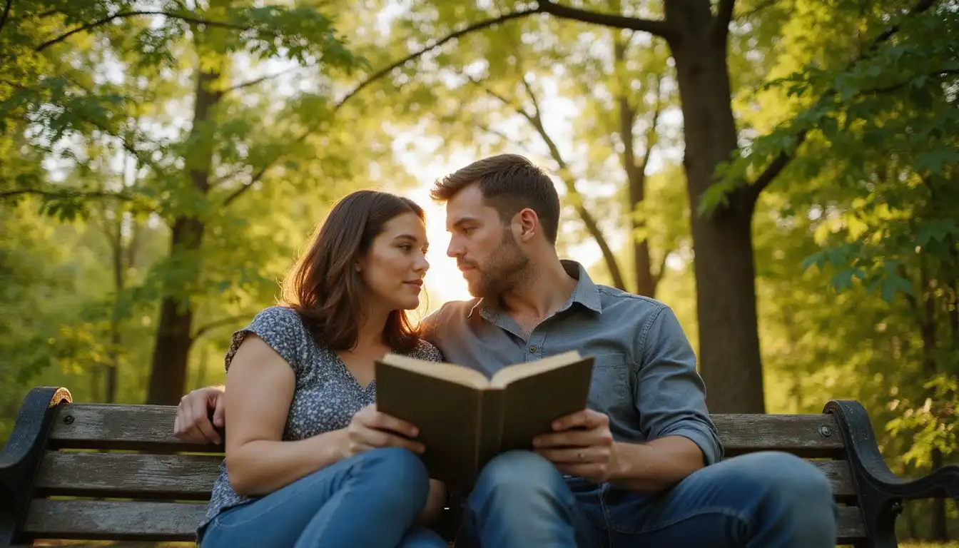A couple shares an intimate moment over a travel guidebook. A couple shares an intimate moment over a travel guidebook.