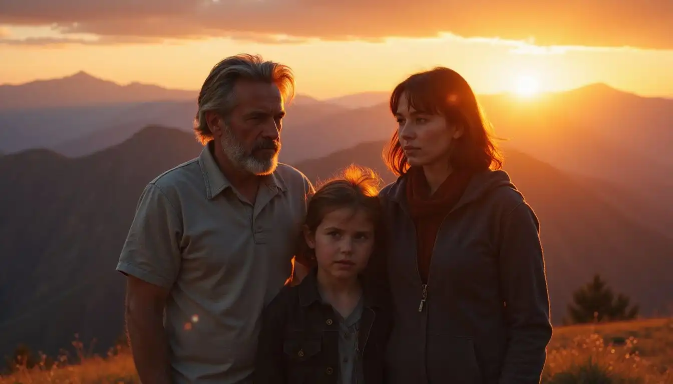 A family stands together, contemplating a majestic mountain landscape. A family stands together, contemplating a majestic mountain landscape.